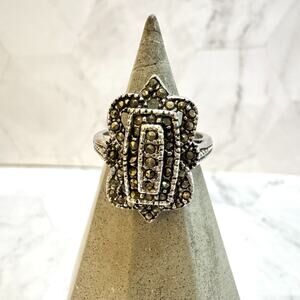 Sterling Silver Ring 18k Electroplate White Gold Marcasite Sz 8 Victorian Style